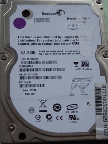120GB Seagate ST9120822AS SN: 5LZ | FW: 3ALB | PN: 9S1133-196 | WU PCB:100398689