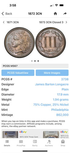 1872 3c United States Three Cent Nickel Nice Shape! - Picture 2 of 4