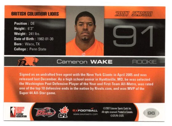 Cameron Wake 2007 Extreme CFL card #96 BC Lions  Penn State  Miami Dolphins - Image 2 of 2