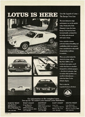 1972 LOTUS Europa Twin Cam Vintage Print Ad