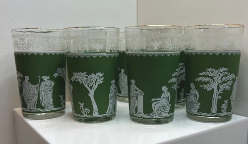 (7) Vintage Jeanette Glass Wedgewood Grecian Green Hellenic 4oz Flat Tumbler Bar