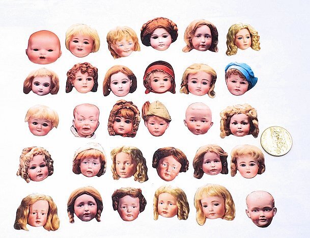 30 Pc-Chenille Ornament Doll Heads-Frozen Charlottes-Fussy Cut-Cardstock-1 inch