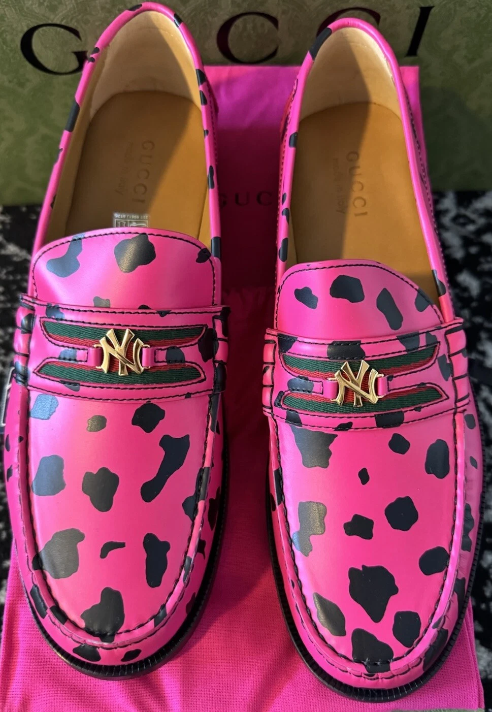 Gucci x NY Yankees mocassin cuir WEXFORD PEPPER ANIMALIER fuchsia taille G12