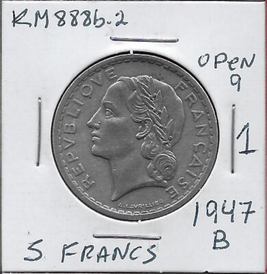 ※francページ FRANCE 5 FRANCS 1947-B XF OPEN 9,LAUREATE HEAD LEFT,DENOMINATION