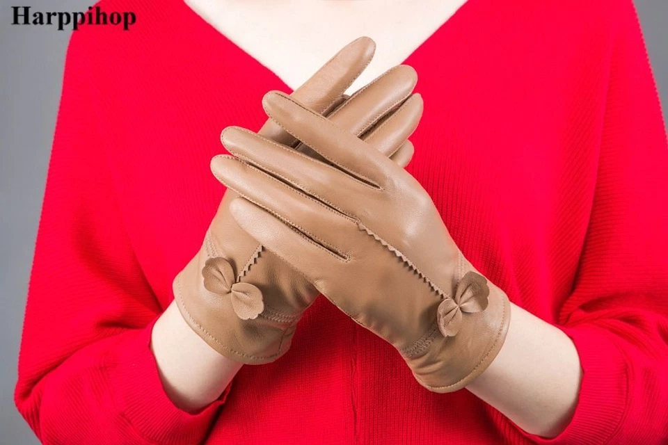 Guantes de cuero rojos a prueba de viento - Guante de piel de oveja genuino accesorio de moda para mujer Foto 3 de 4
