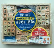 Melissa & Doug Deluxe Letters & Numbers Wooden Stamp Set, NEW Damaged Box & Book