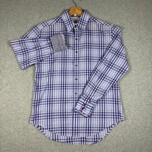 Robert Graham Mens M Purple Plaid Paisley Contrast Flip Cuff Embroidered Shirt - product listing photo