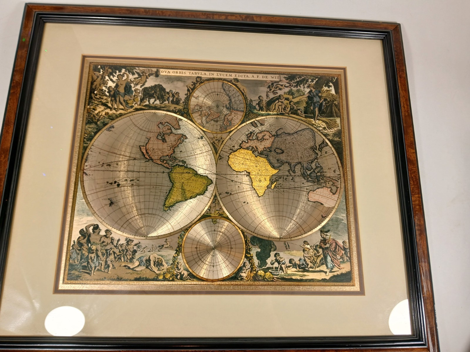 Large Framed double matt World Map Nova Totivs Terrarvm Orbis Gold Foil 29