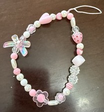 Pink, White Beaded Wristlet With Hearts, Flowers, And Fun Bead Shapes