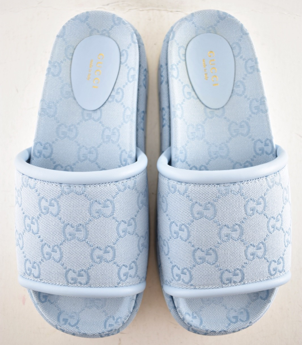 Gucci Light Blue GG Monogram Logo Canvas Mule Flat Slide Platform