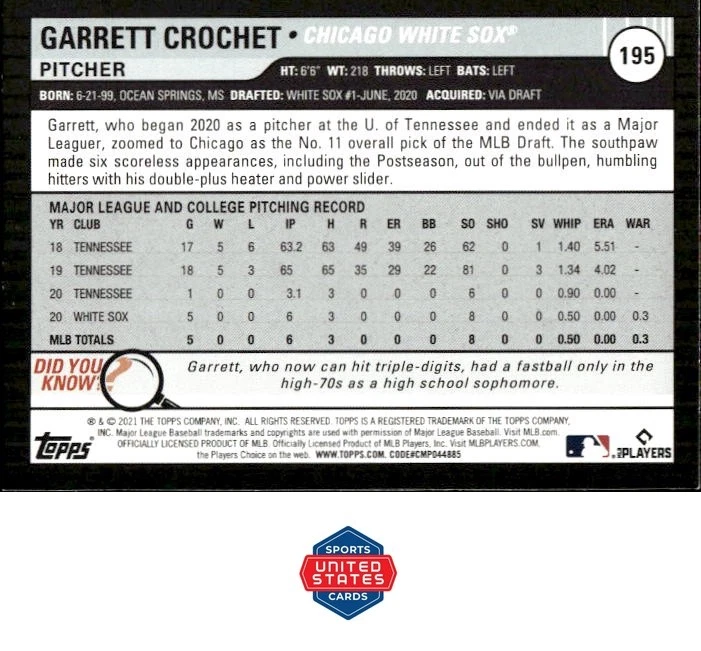 2021 Topps Big League #195 Garrett Crochet - Image 2 of 2