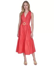 Vince Camuto Womens Pleat-Neck Cotton Sleeveless Tiered Midi Dress Pop