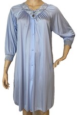 VTG Shadowline Periwinkle Nylon Button Front Robe Floral Lace Trim LARGE Pockets
