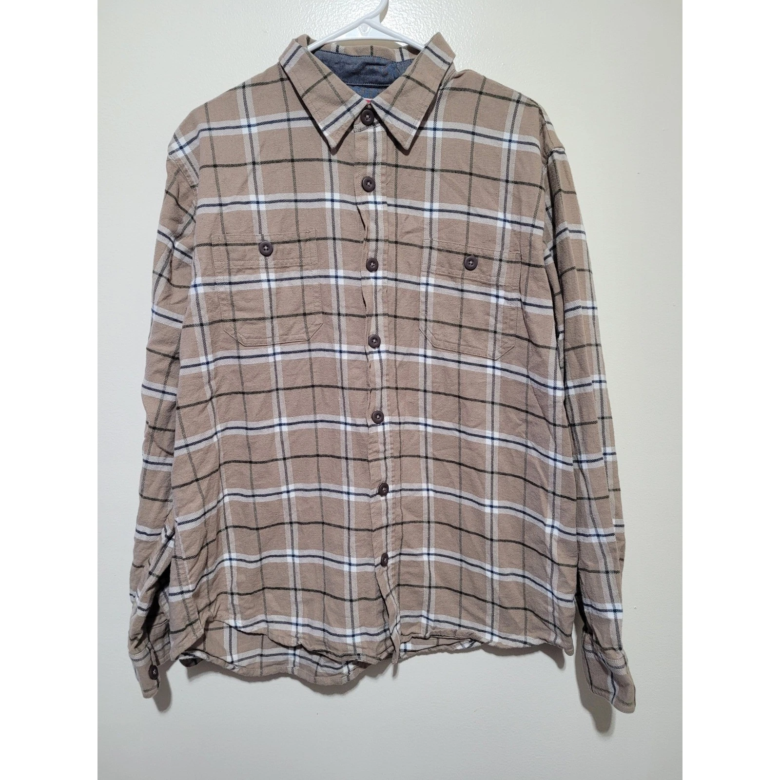 Wrangler Plaid Button Down Shirt Mens L Tan Black Long Sleeve