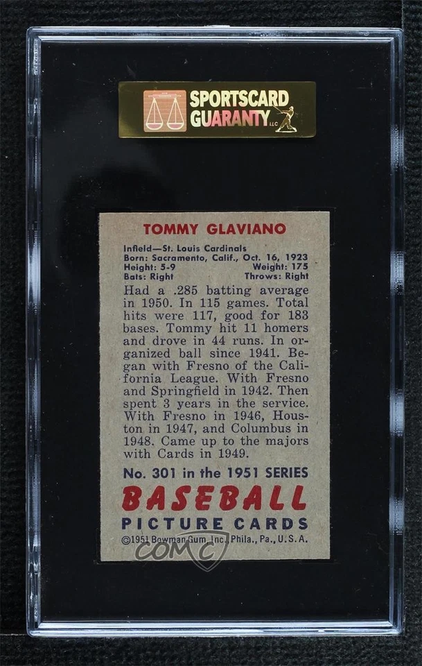 1951 Bowman Tommy Glaviano #301 SGC 86 Rookie RC - Image 2 of 2