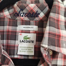 Lacoste Plaid Med Button Up Shirt Mens 40 Modern Fit Red Gray Long Sleeve Croc