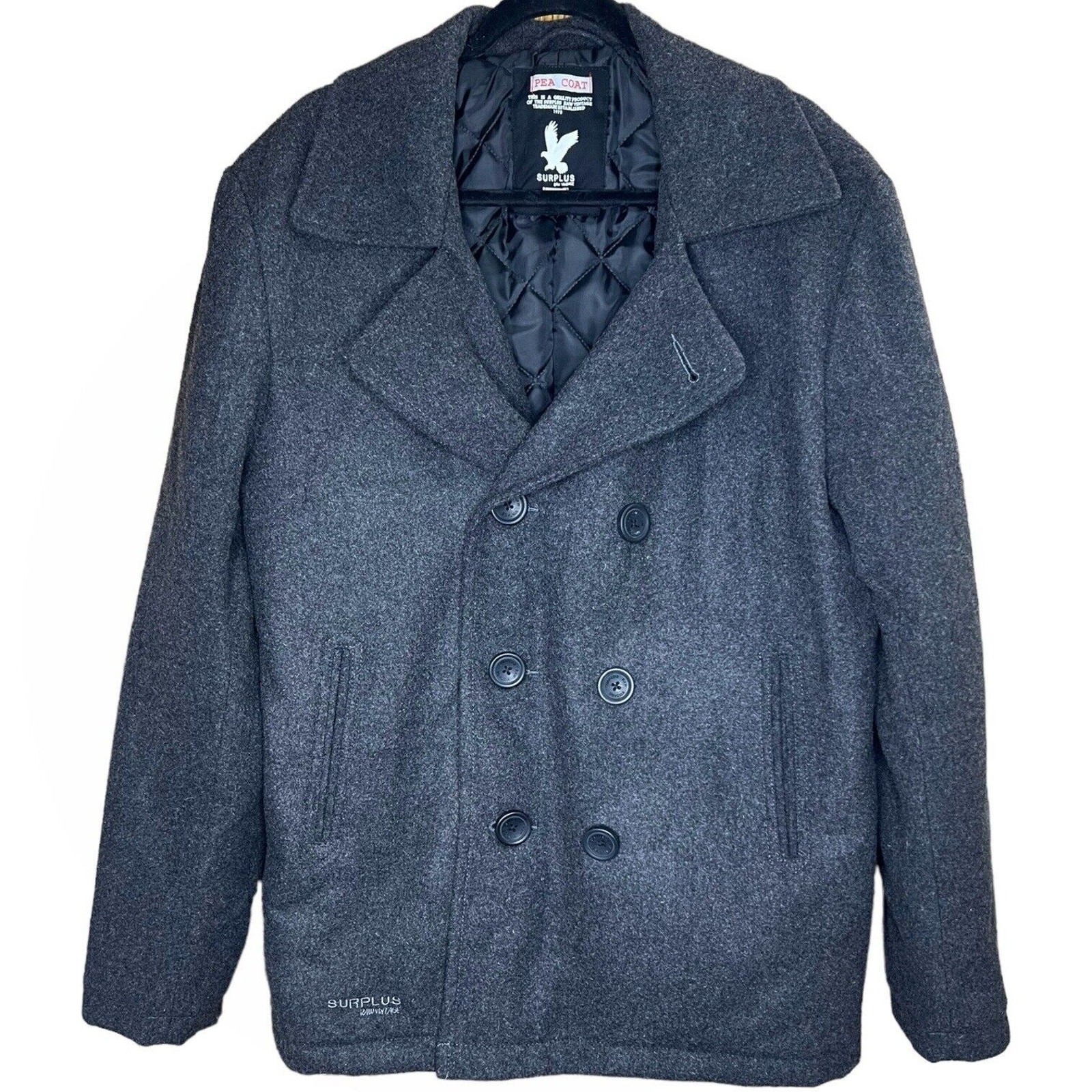 Vintage Gray Wool Blend Double Breasted Pea Coat Mens Large Surplus