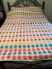 Vtg Handmade Crochet Afghan Blanket 3D Rose Multicolor Granny Squares White