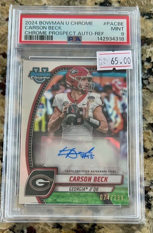 Carson Beck 2024 Bowman Chrome U Refractor /299 Auto Arizona Cardinals PSA 9