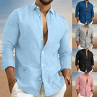 Mens Solid Linen Beach Shirt Cotton Casual Loose Long Sleeve Shirt Blouse Top❤