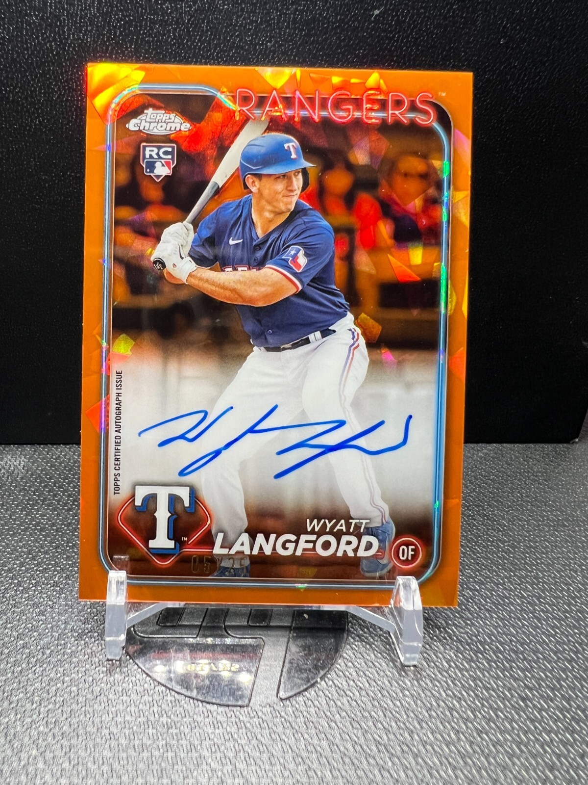 2024 Topps Chrome Sapphire Wyatt Langford Orange RC Auto 5/25 - Rangers