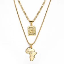 Mens Africa Map Pendant Initial Necklace Gold Plated Stainless steel Jewerly Set