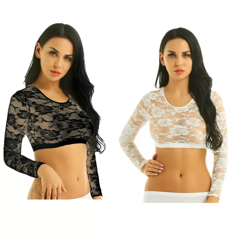 Women's Lace Mesh See Through Sheer Long Sleeves Crop Tops Short Blouse T- shirt