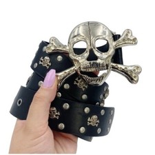 Vintage Silver Skull  Crossbones Black Leather Belt