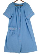 Vintage Coffee Time M L 47" bust House Coat Robe Pocket Blue Floral Snap Front