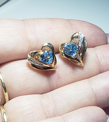 Tolle Ohrringe 14 Karat Gelbgold birnenförmiger Blautopas & Diamant/Aretes de Oro