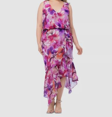 Xscape Women's Purple Floral Blouson High-Low Dress Plus Size 22W
