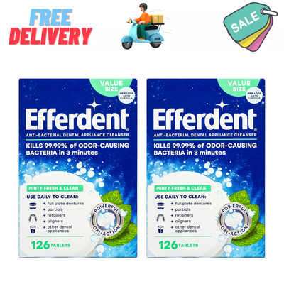 (2 Pack) Efferdent Retainer & Denture Cleaner Tablets Minty & Fresh Clean 126 Ct