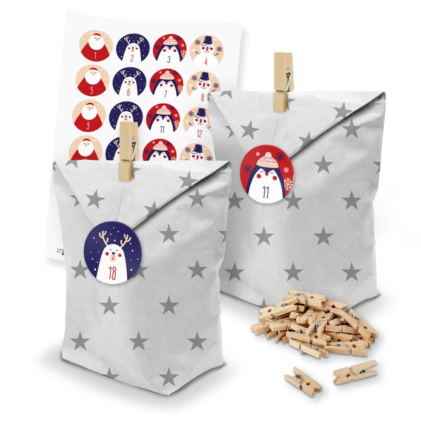 Itenga Adventskalender 24X TüTen Sterne Klammern Zahlen Weihnachtsfiguren 1-24-image