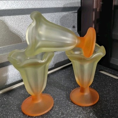   Libbey Set Of 3 Ka-Dinks Frosted Orange & Yellow Parfait/ Sunday Glasses 