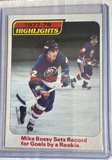 1978-79 Topps - Highlights Mike Bossy #1 (RC) Most Goals By A Rookie Card. rookie card picture