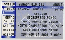Vintage 2001 Widespread Panic Concert Ticket Stub Charleston SC
