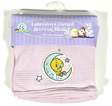 VINTAGE BABY LOONEY TUNES TWEETY THERMAL RECEIVING BLANKET 40x30 EMBROIDERED 90s