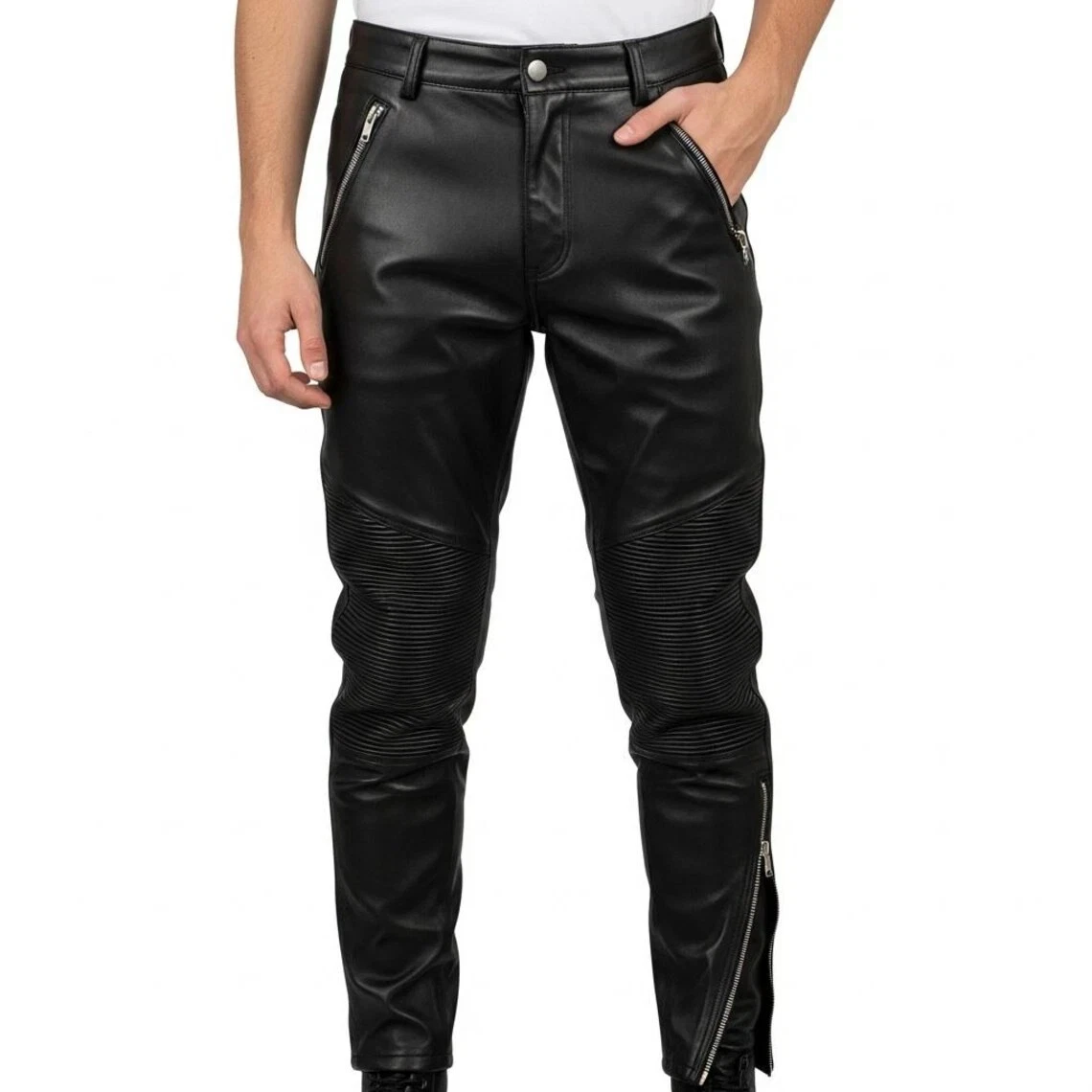 Men Real Black Leather Biker Pant Outerwear Stylish Motorcycle Style Leapt