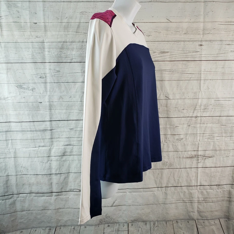 Top deportivo de manga larga Sofibella para mujer talla mediana azul blanco  Foto 3 de 4