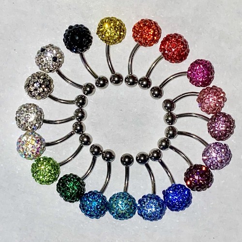 Shamballa Disco Ball Belly Ring Navel CZ Double Banana 14g Rhinestone Orange - Picture 10 of 12