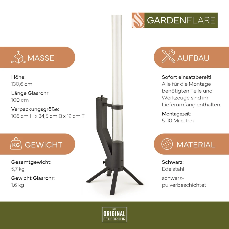 GARDENFLARE tubo de fuego acero inoxidable columna de fuego antorcha de pellets chimenea de jardín negro - Imagen 3 de 4