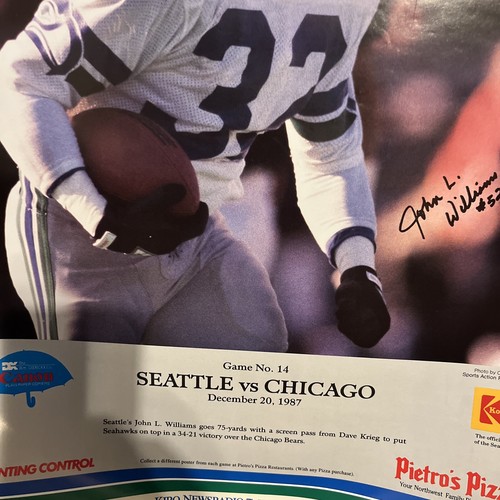 VTG Seahawks Pietros Pizza 11x14 Poster John L. Williams w/repro sig 12/20/87 - Picture 4 of 5