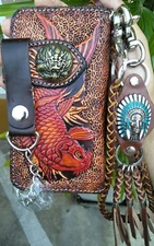 Carp Carved Wallet Handmade Cowboy Wallet Mens Bifold Wallet Chain Gift 434