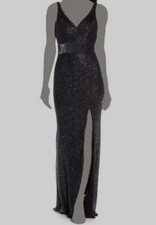 $338 Mac Duggal Women's Black Sleeveless V-Neck Beaded Sequin Gown Dress Size 4