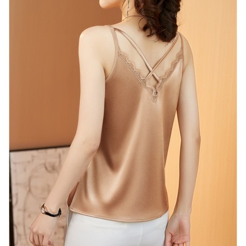 Women Camisole Satin Lace Trim Spaghetti Strap Silky Vest Tank Top Adjustable - Picture 42 of 44