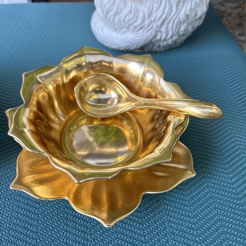 Rare Pickard Lotus Condiment Nut Bowl 24 KT Gold Plate & Spoon. Lot Of 6 Pieces. - Picture 4 of 24