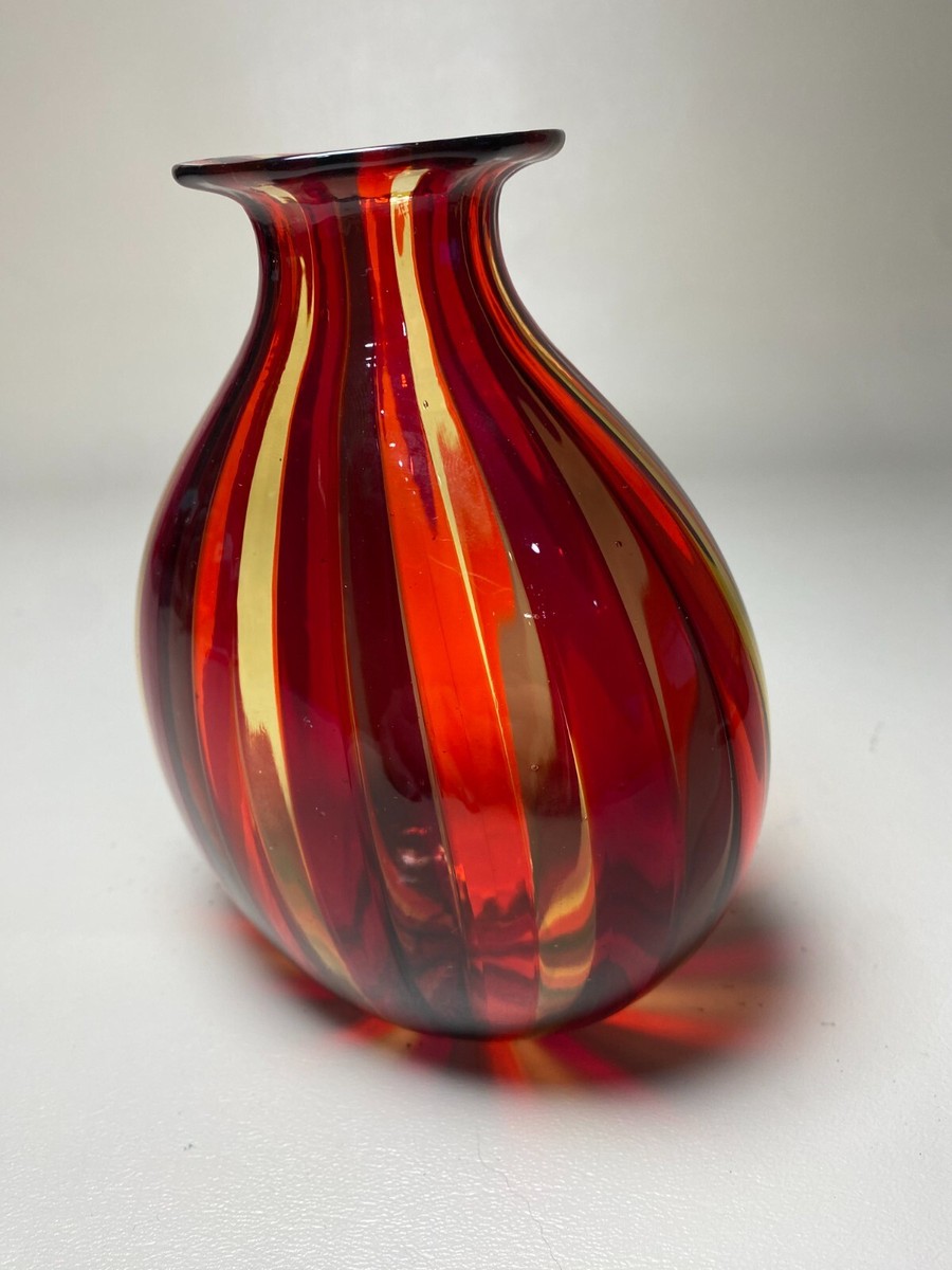 Vintage Murano Vase Hand Blown Red Striped Art Glass 6” x 5