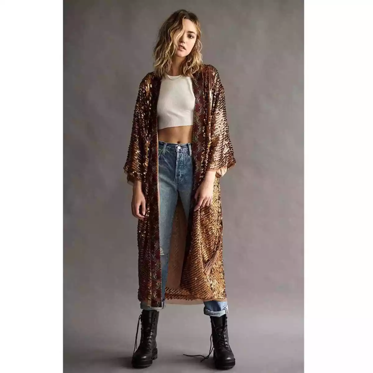 Free People Light Is Coming Embellished Sequin Kimono Duster Jacket