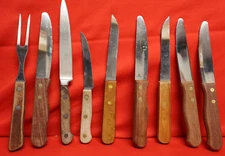 LOT 9 Different Brands - Multipurpose  Kitchen KNIVES & 1 Meat folk. Tag 604e