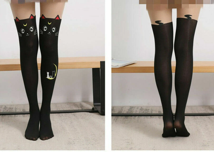 2 PIEZAS Dulces Pantimedias Kawaii Niñas Lindas Patrón de Gato Negras Foto 3 de 3